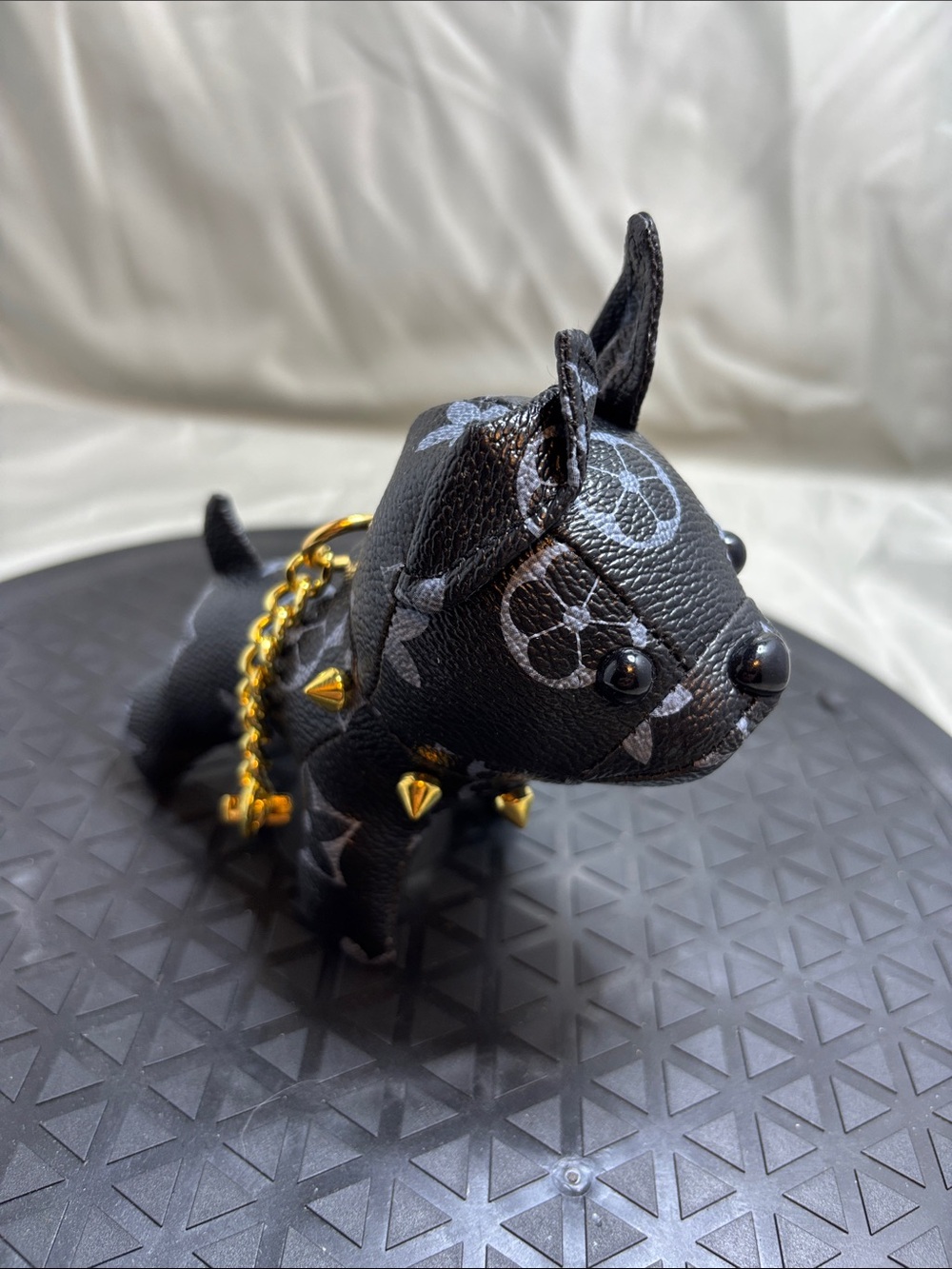 Designer-Style Black Leather Dog Keychain with Gold Studs